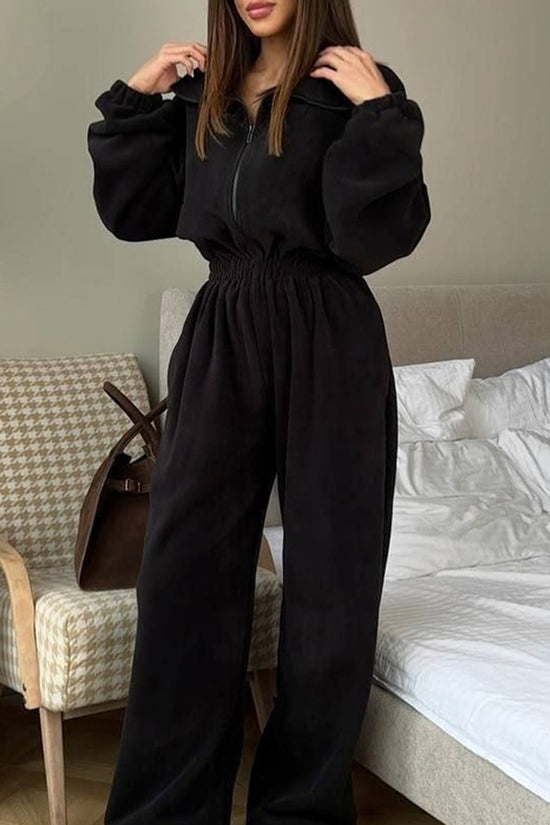 Cozy Zip-Up Jumpsuit with Elastic Waist