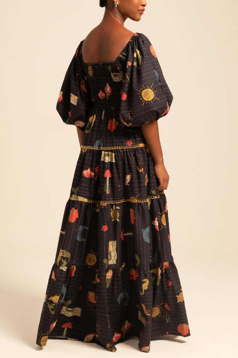 Printed Tiered Puff Sleeve Maxi Dress