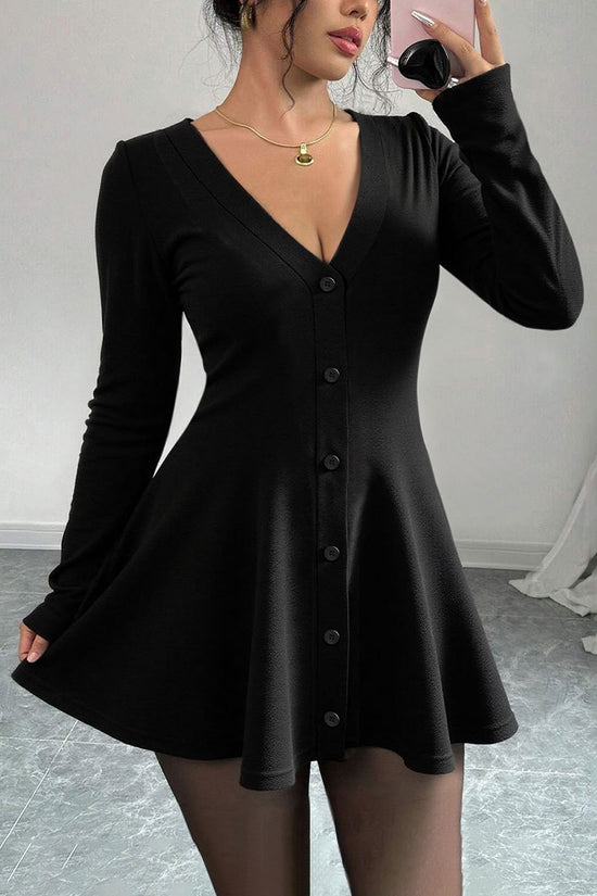 V-Neck Button Front Flared Casual Dress