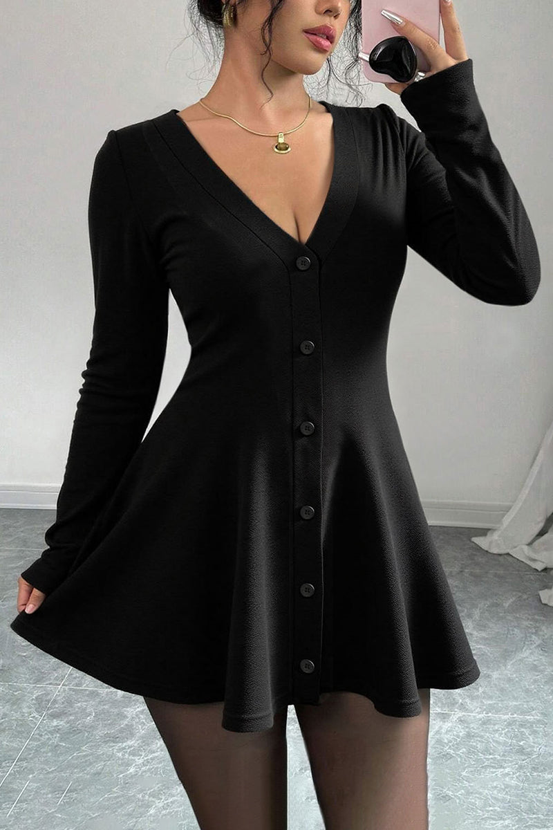 V-Neck Button Front Flared Casual Dress