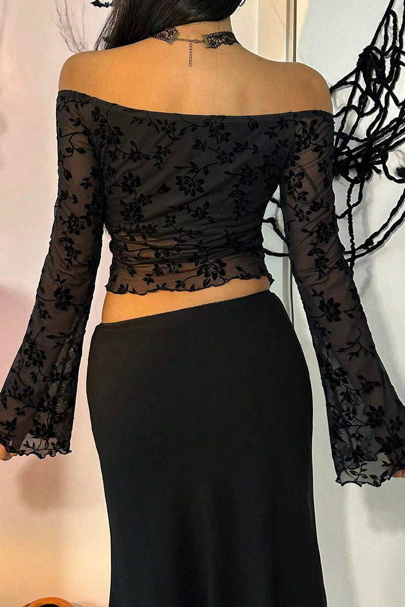 Floral Off-Shoulder Sheer Bodycon Top