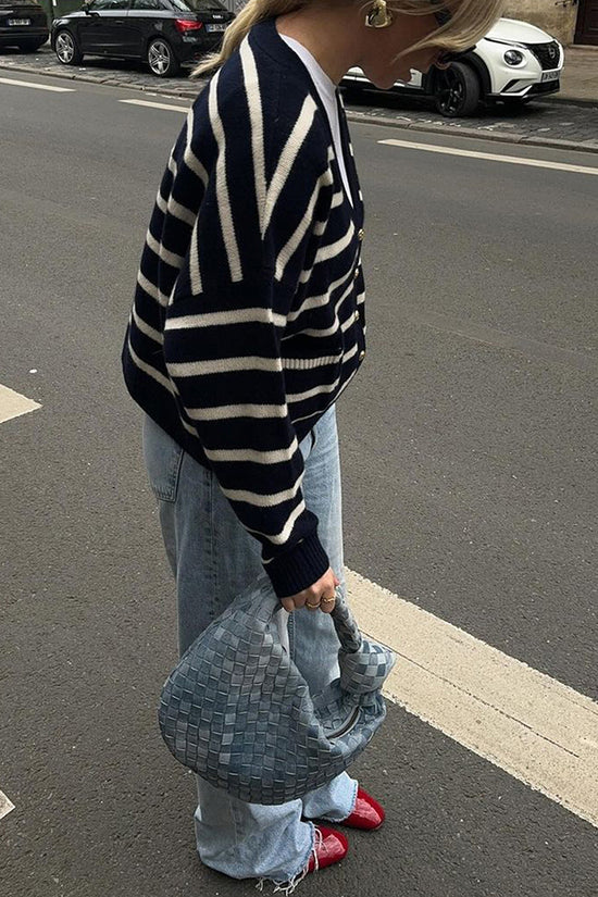 Striped V-Neck Button-Up Cardigan