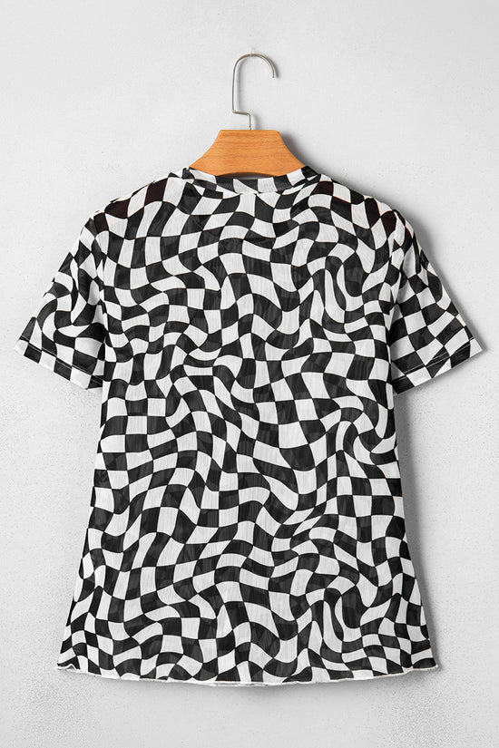 Checkered Print Mock Neck T-Shirt
