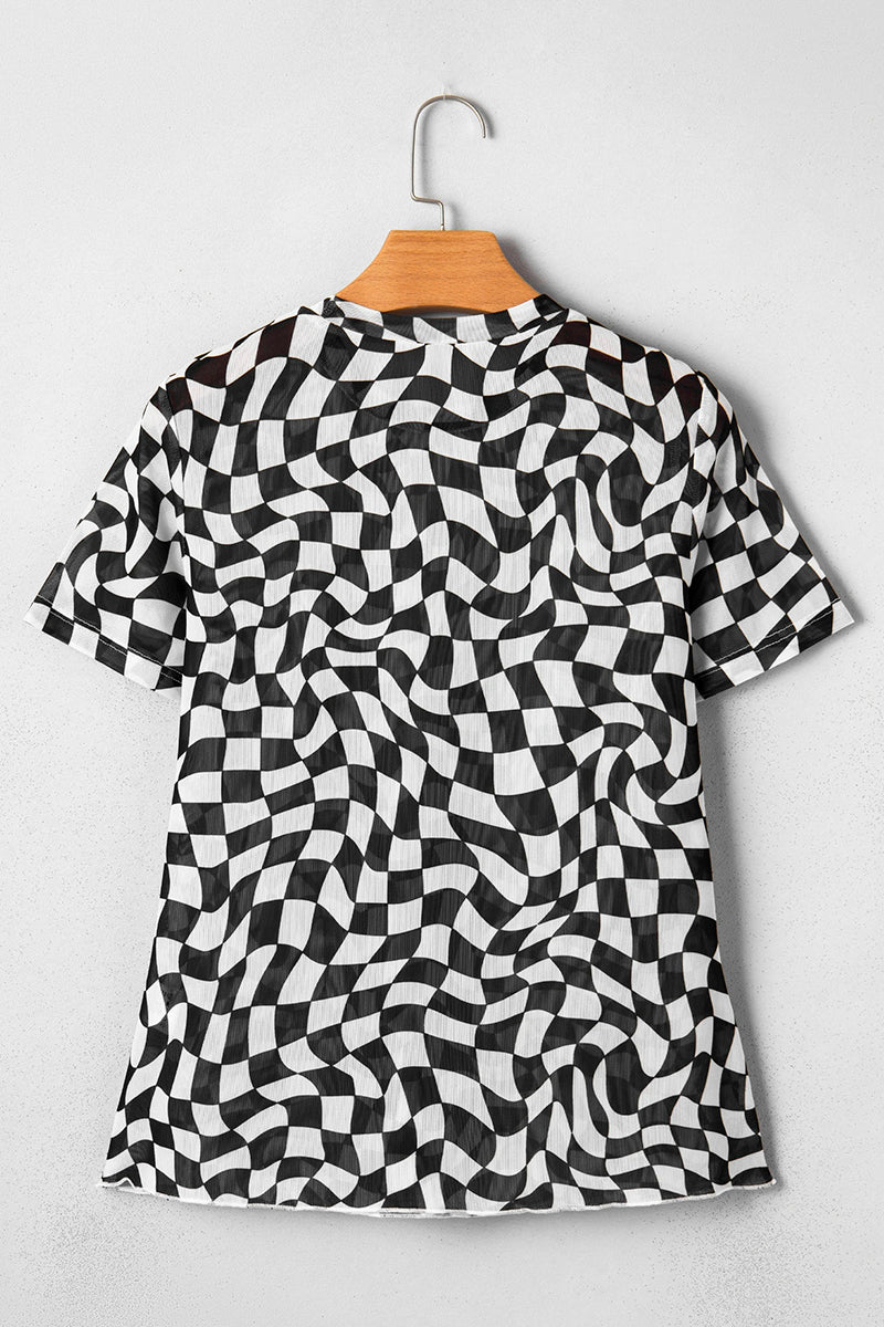 Checkered Print Mock Neck T-Shirt