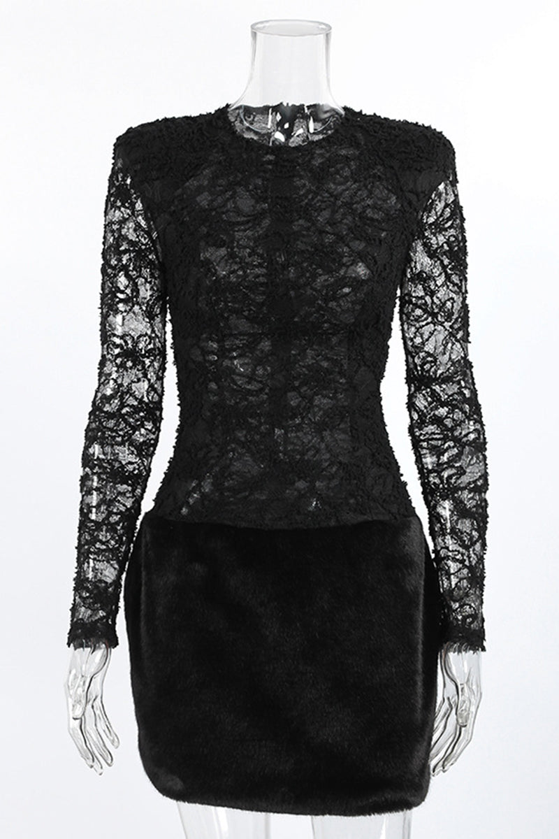 Chic Lace and Fur Casual Dress