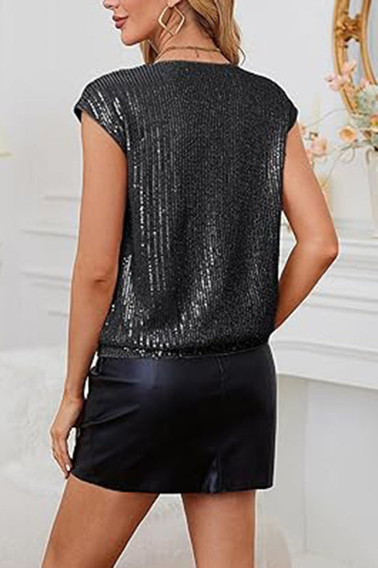 Sequin V-Neck Short Sleeve Top