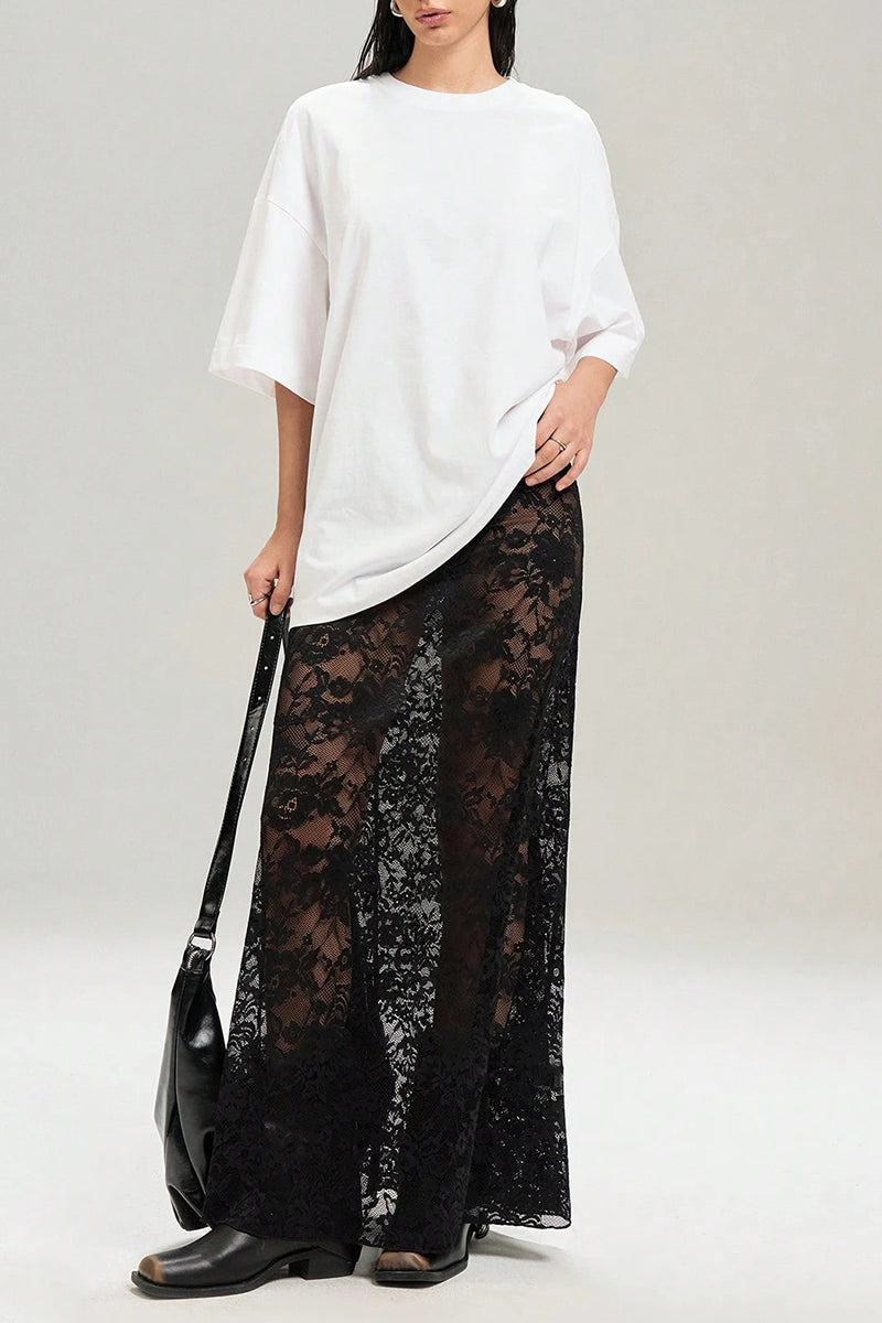 Sheer Lace Overlay Midi Skirt