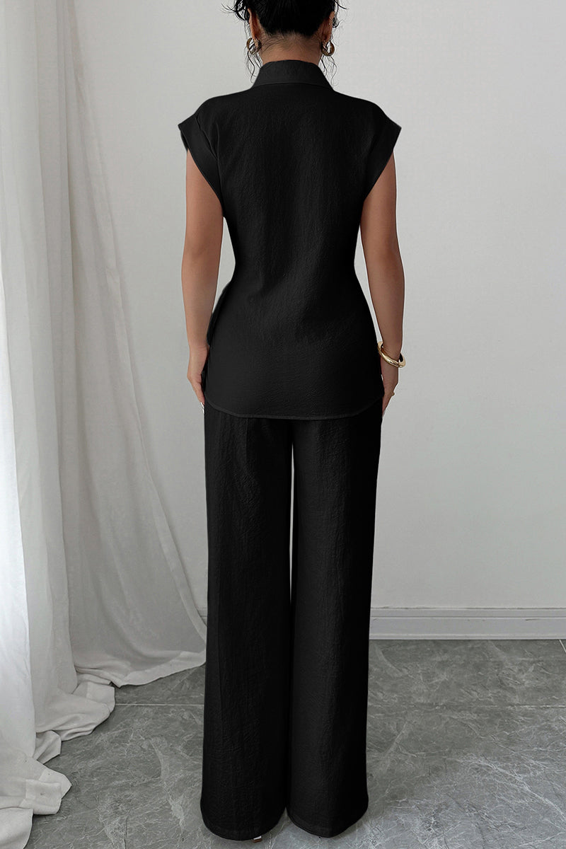 Elegant Sleeveless Shirt and Wide-Leg Pants Set