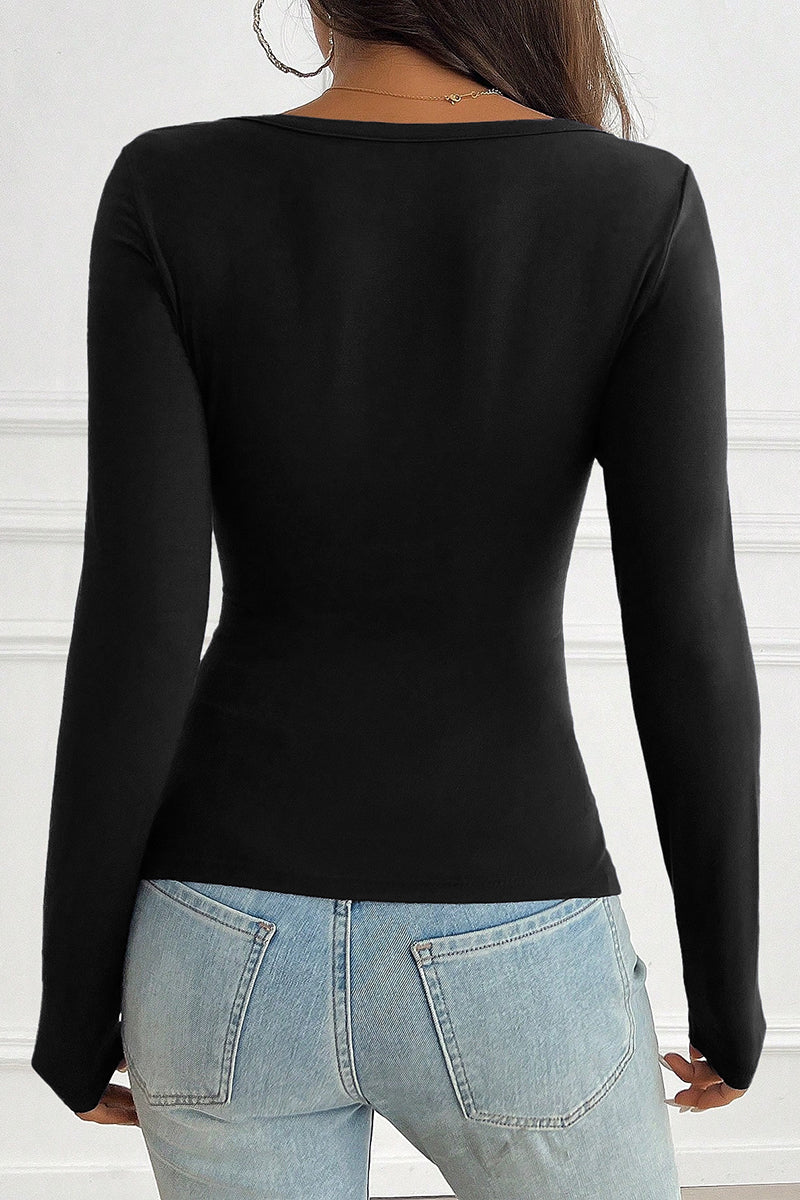 V-Neck Long Sleeve Button T-Shirt