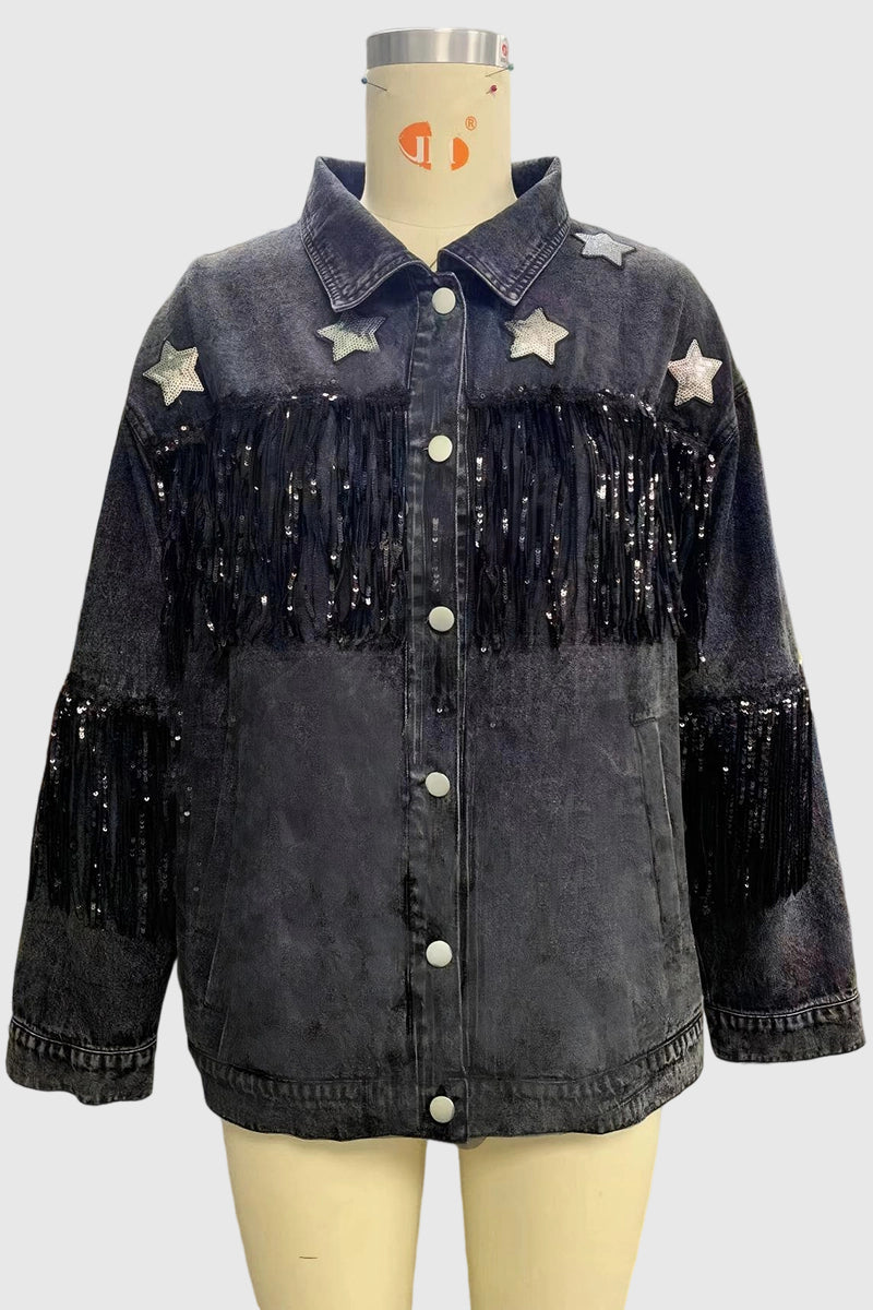 Star Embellished Fringe Denim Jacket
