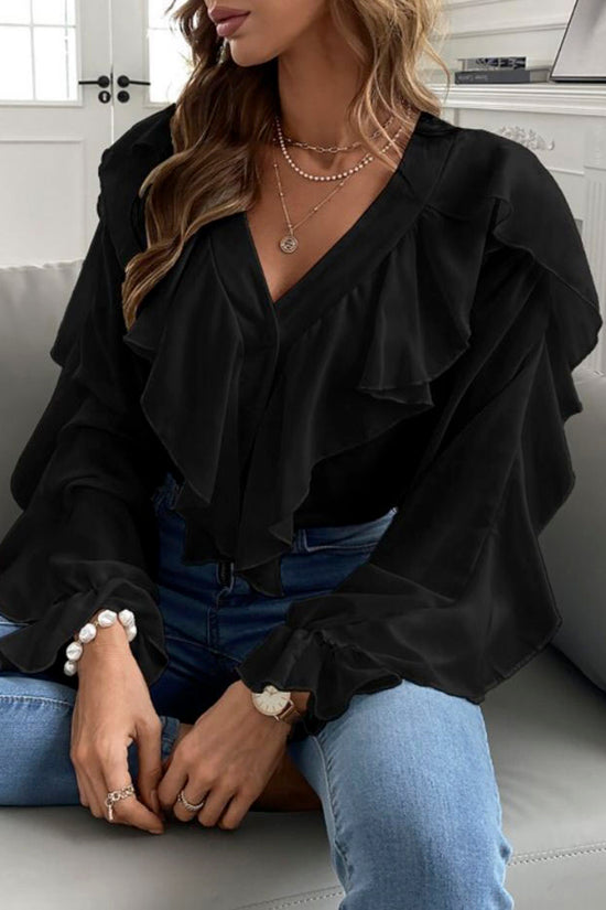 Ruffle V-Neck Button-Up Blouse