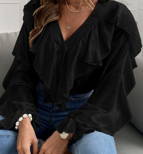 Ruffle V-Neck Button-Up Blouse