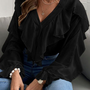 Ruffle V-Neck Button-Up Blouse