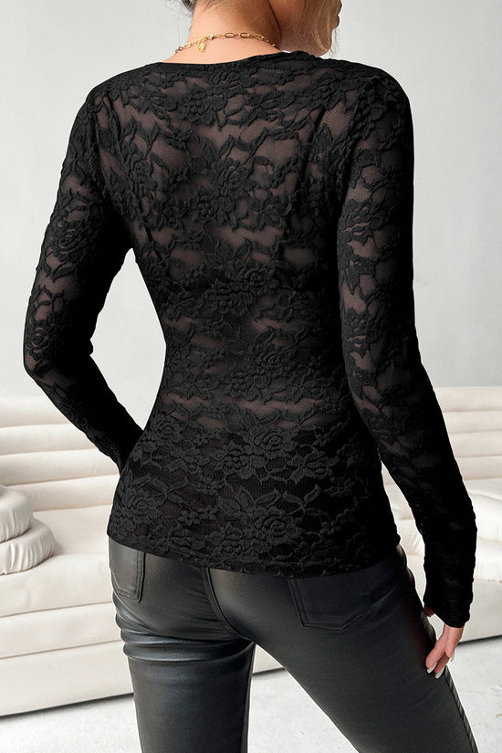 Scalloped Neck Long Sleeve Lace Top