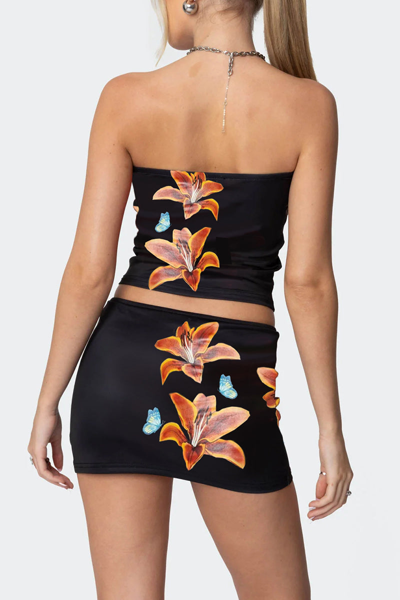 Floral Print Strapless Skirt Set