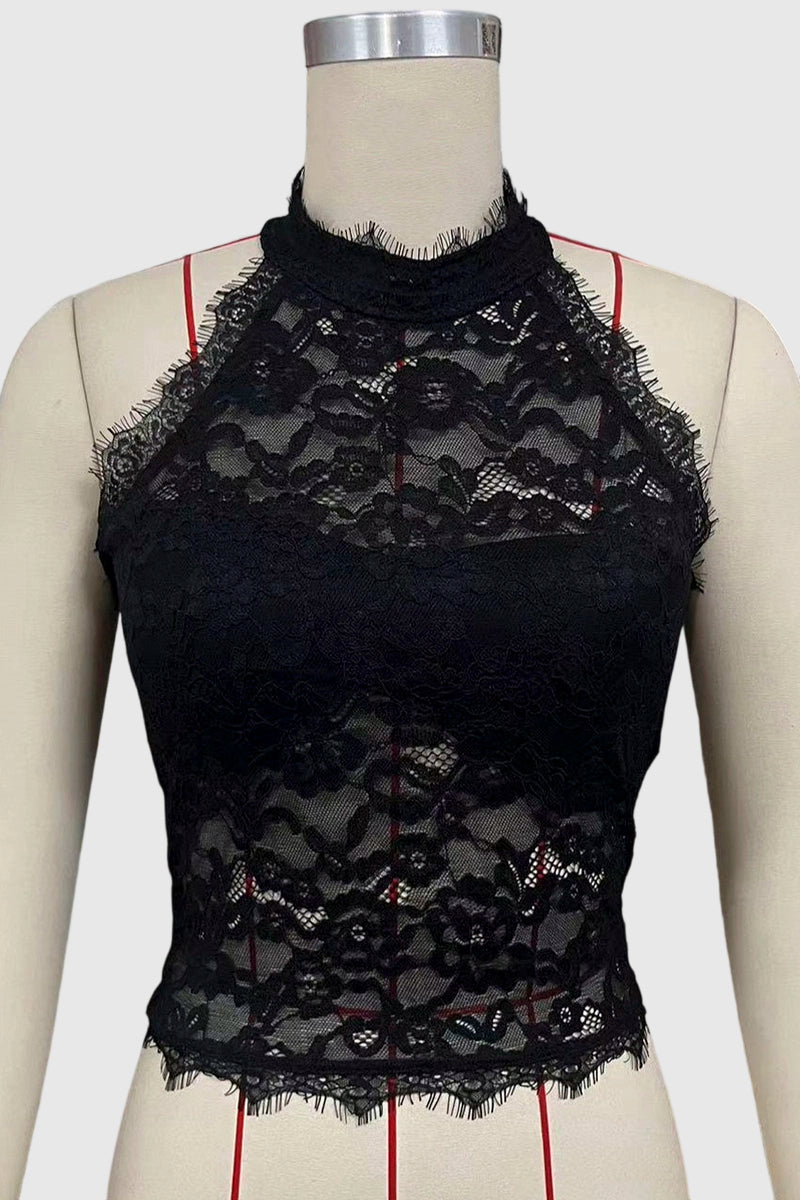 High Neck Lace Sheer Tank Top