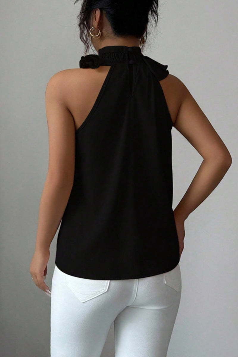 Ruffled High Neck Sleeveless Blouse