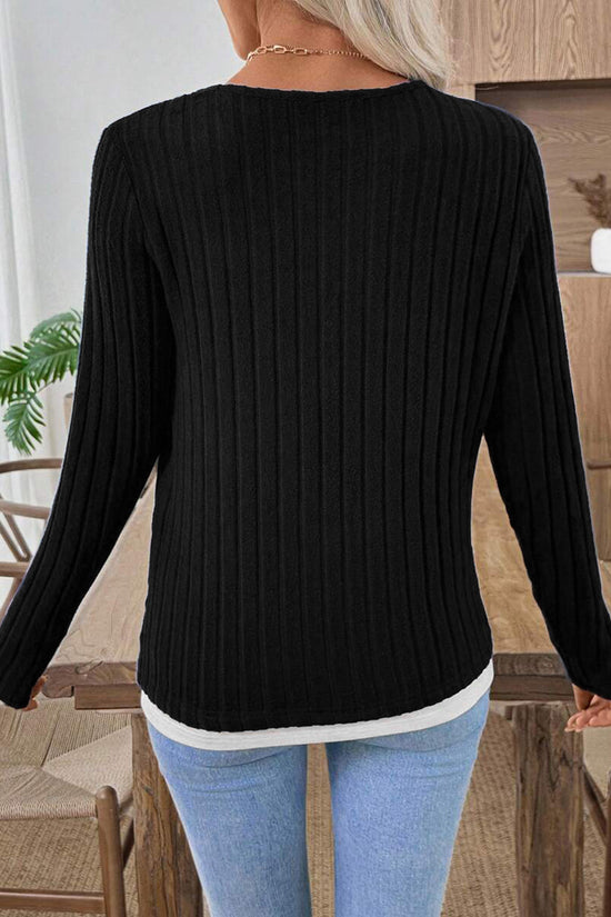 Ribbed Button Detail Long Sleeve Top