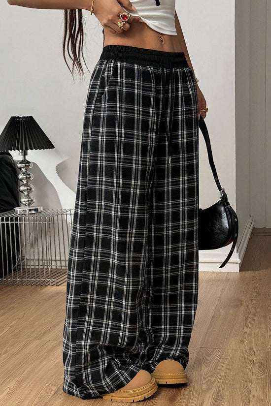 Classic Plaid Wide-Leg Casual Pants