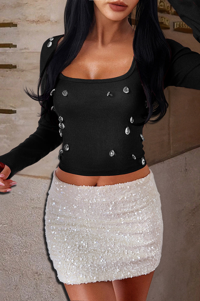 Gem-Embellished Scoop Neck Long Sleeve Top