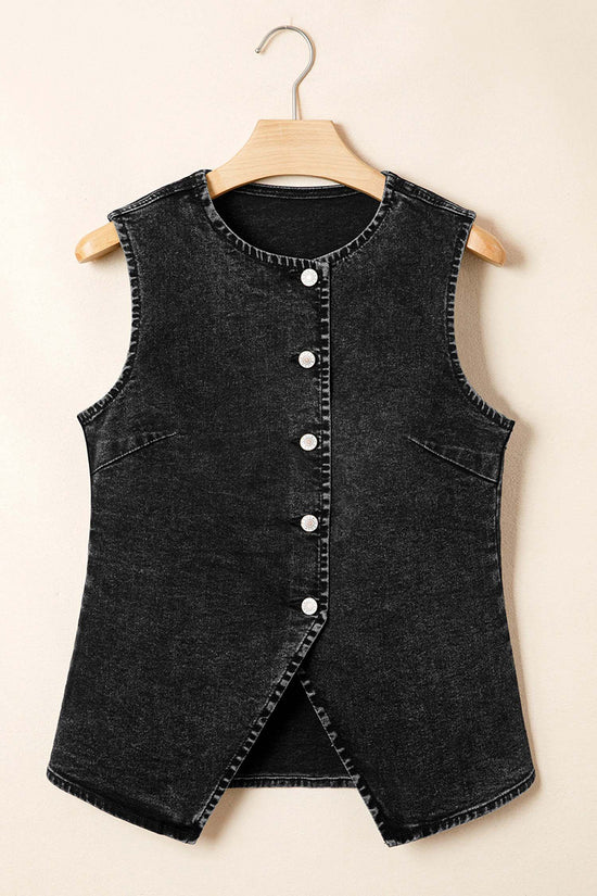 Buttoned Front Slit Denim Vest