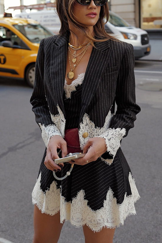 Chic Pinstripe Lace Detail Blazer