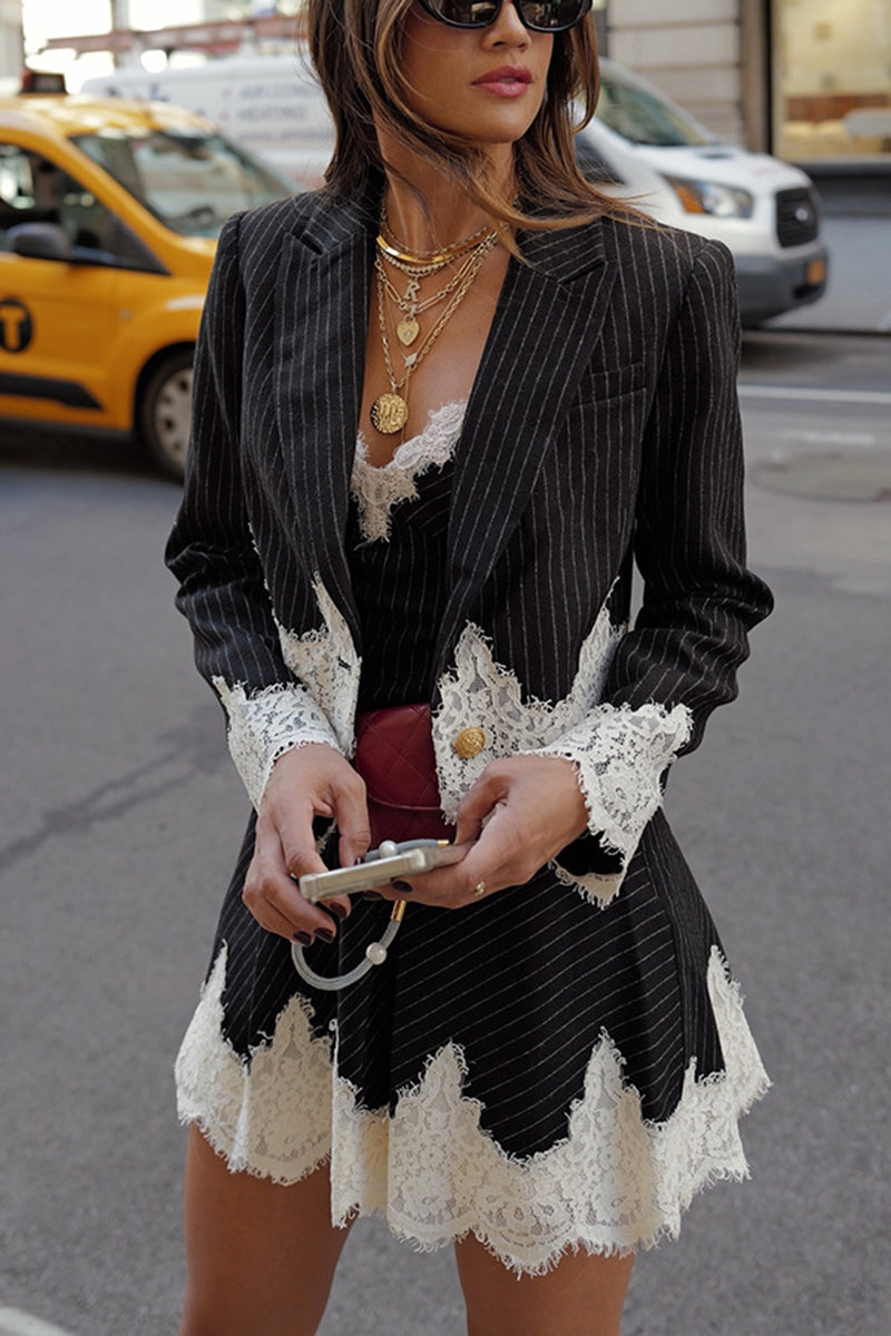 Chic Pinstripe Lace Detail Blazer