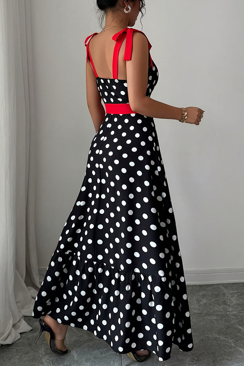 Polka Dot Contrast Trim Tie Shoulder Dress