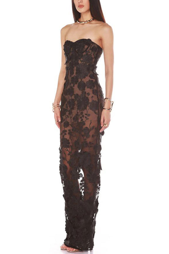 Strapless Floral Evening Gown