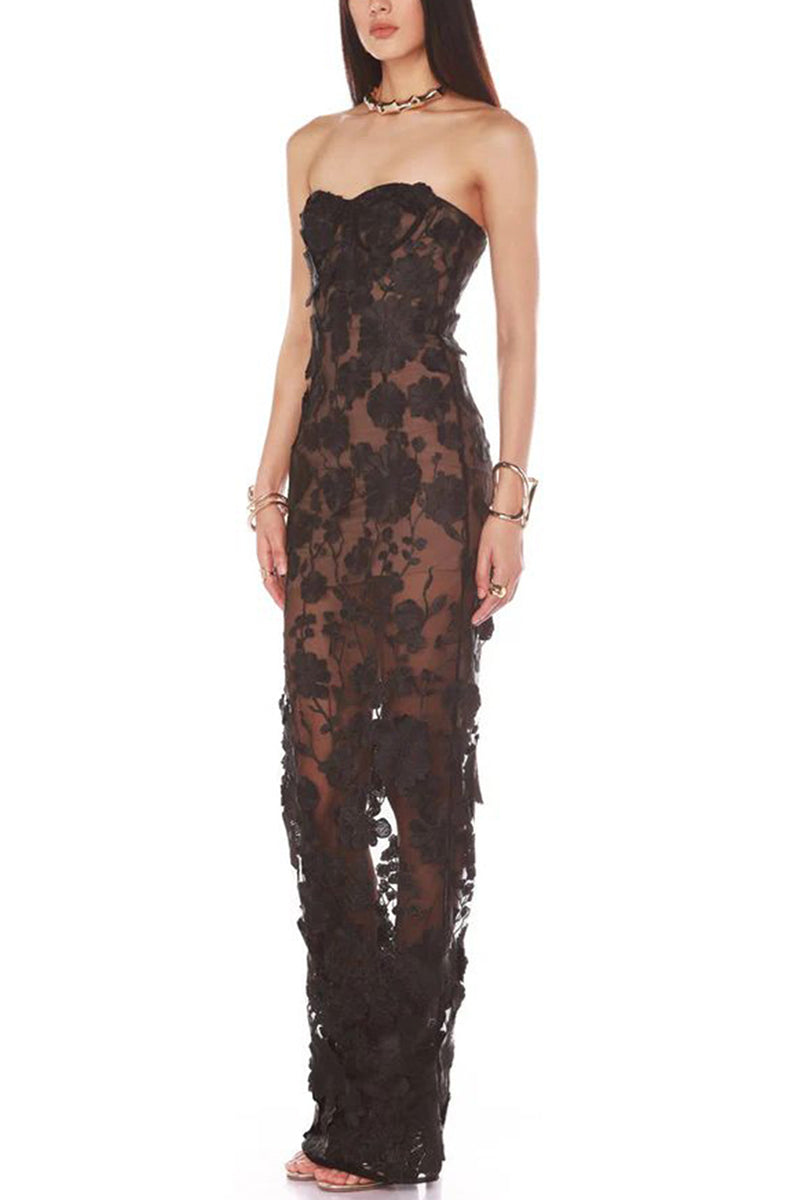 Strapless Floral Evening Gown
