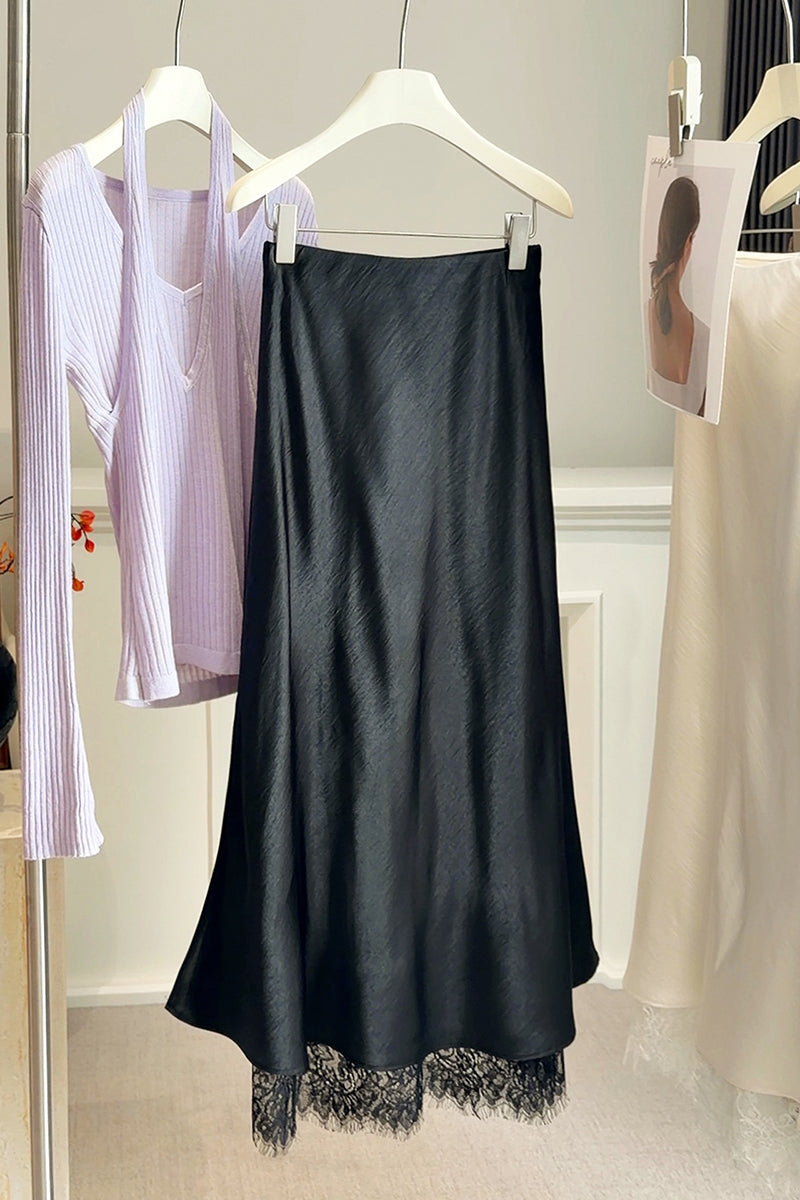 Elegant Lace Hem Midi Skirt