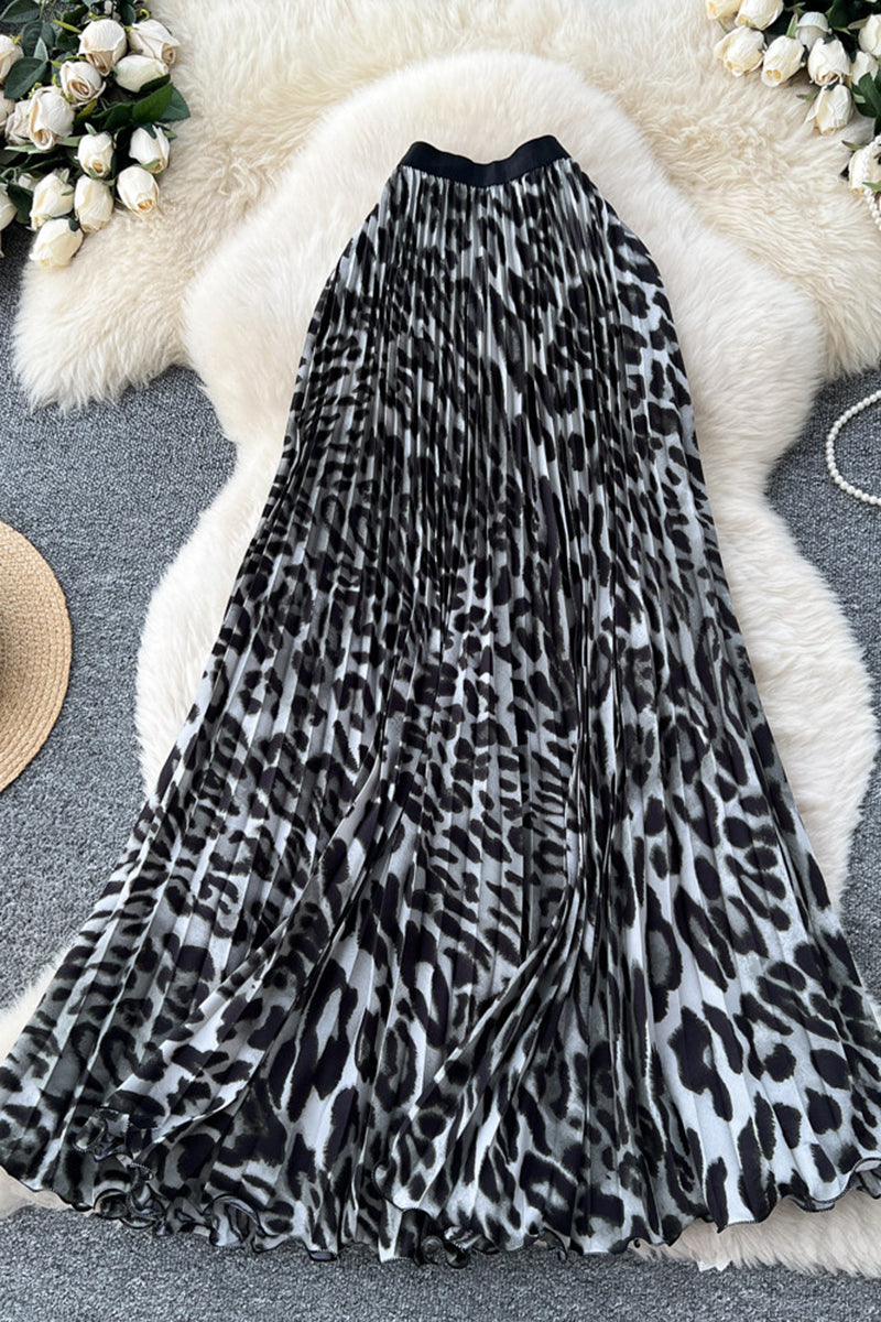 Leopard Print Pleated Midi Skirt