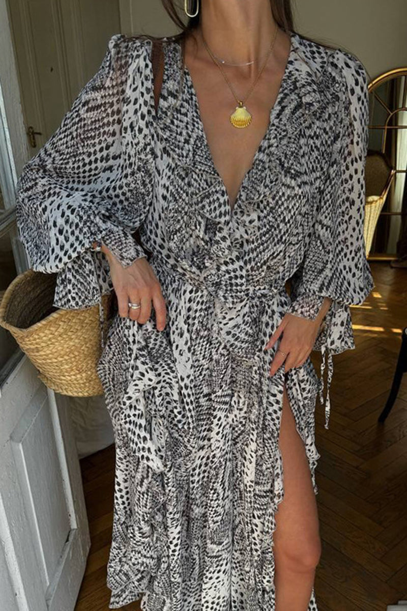 Printed Long Sleeve Wrap Dress