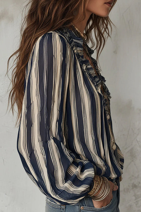Ruffled Striped Long Sleeve Blouse