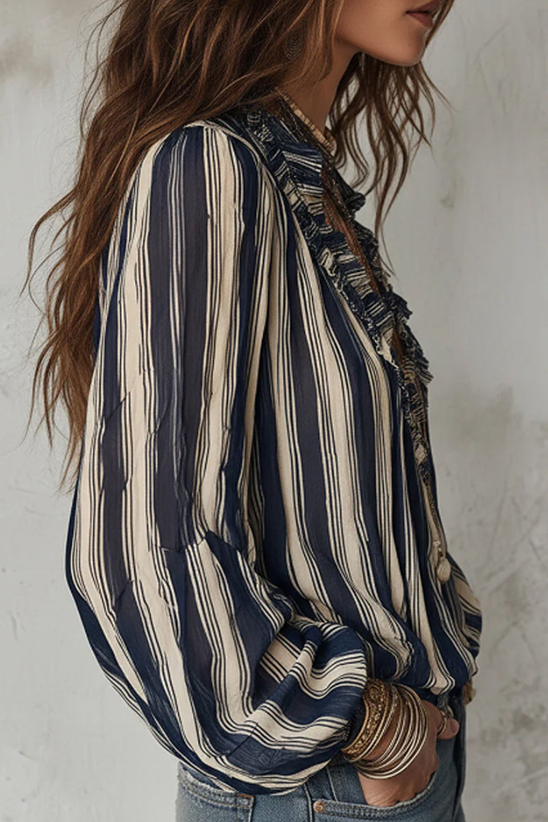 Ruffled Striped Long Sleeve Blouse