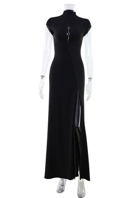 High Collar Slit Maxi Dress