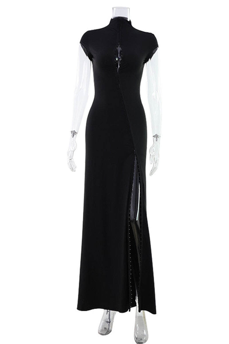 High Collar Slit Maxi Dress