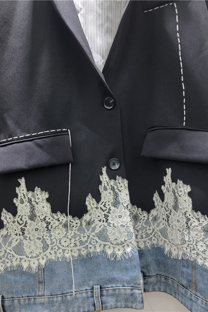 Lace Hem Denim Blazer Jacket