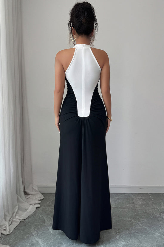Two-Tone Halter Maxi Dress with Button Details