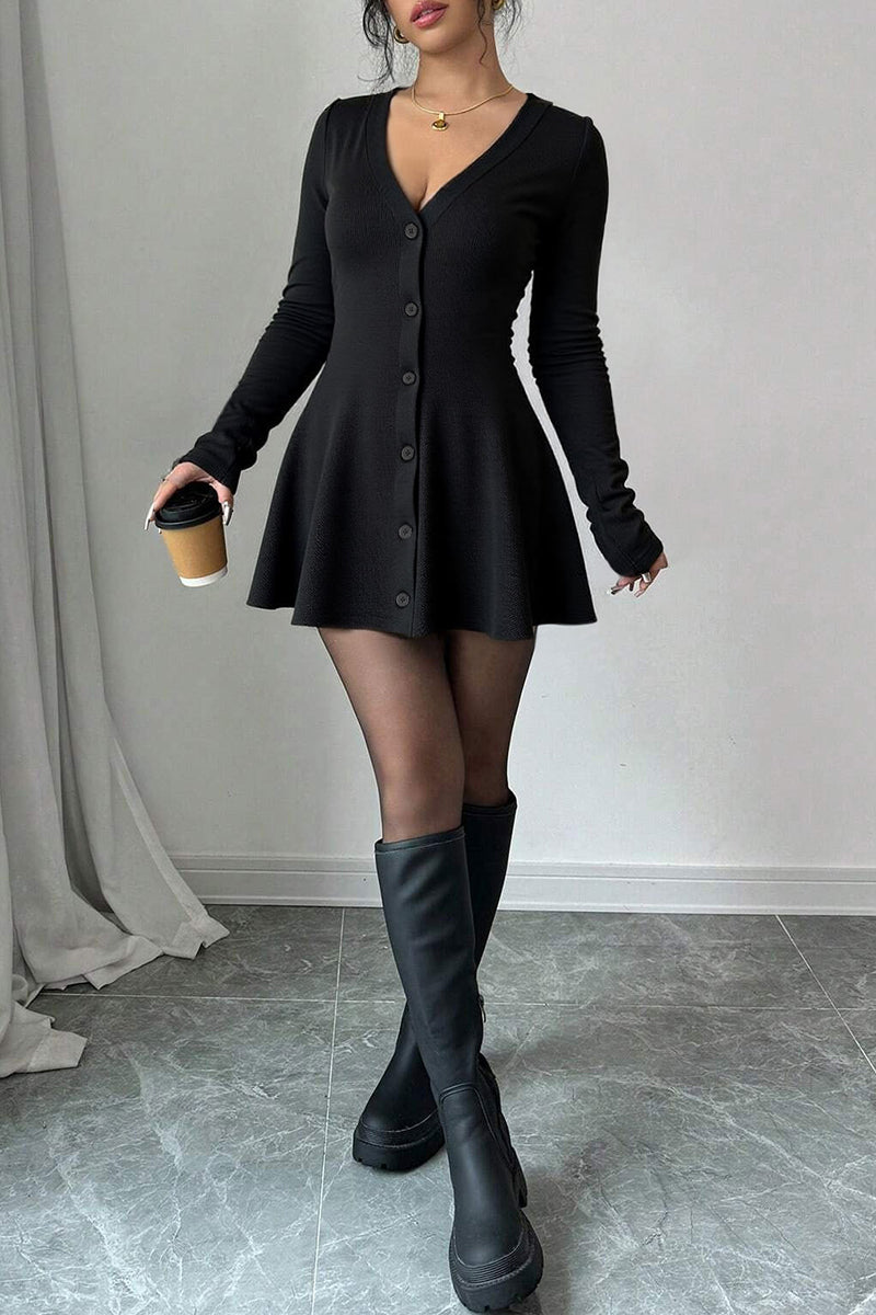 V-Neck Button Front Flared Casual Dress