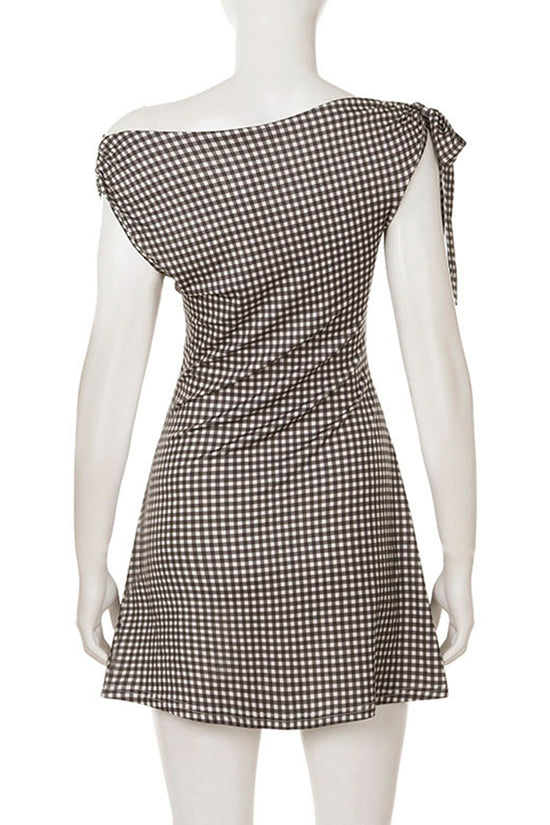 Gingham One-Shoulder Casual Dress
