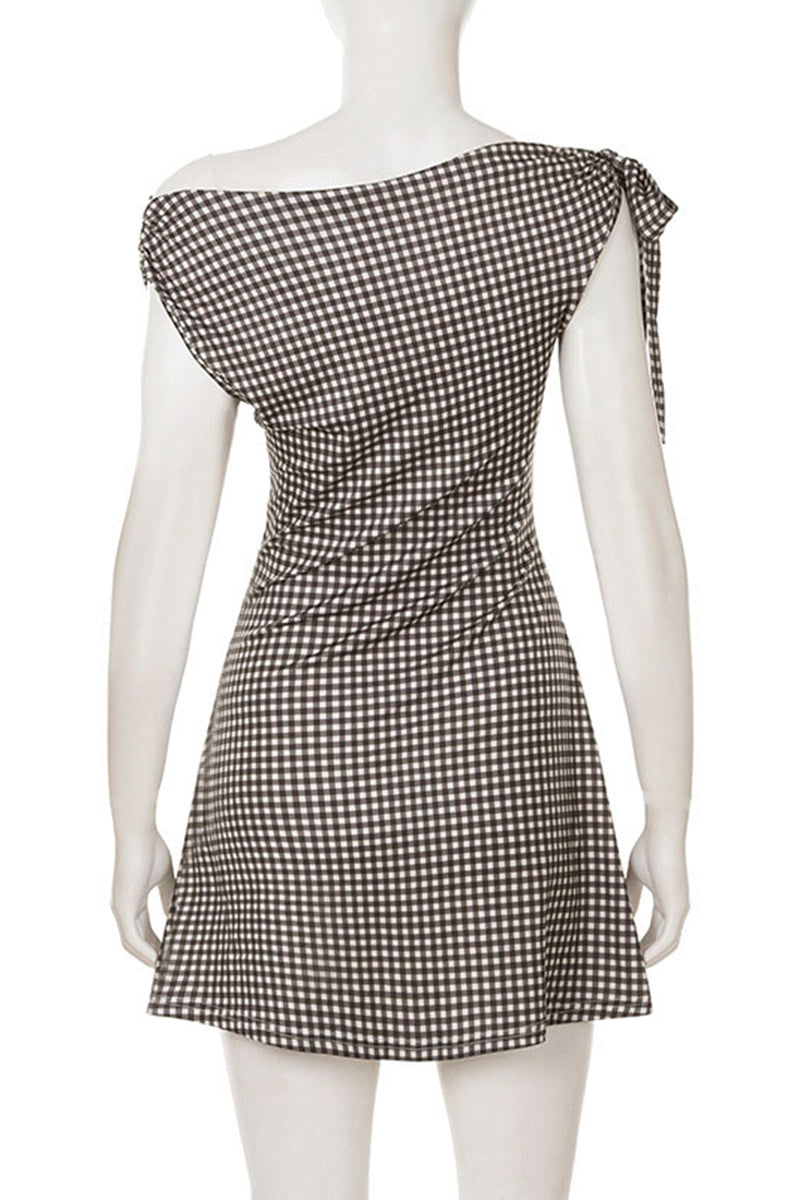 Gingham One-Shoulder Casual Dress