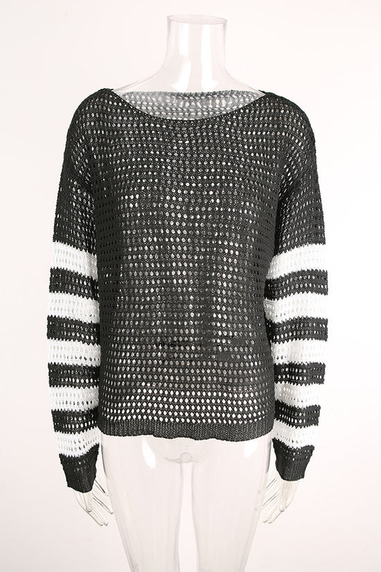 Striped Mesh Long Sleeve Cover-Up