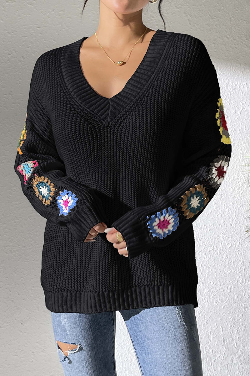 Floral Knit V-Neck Sweater