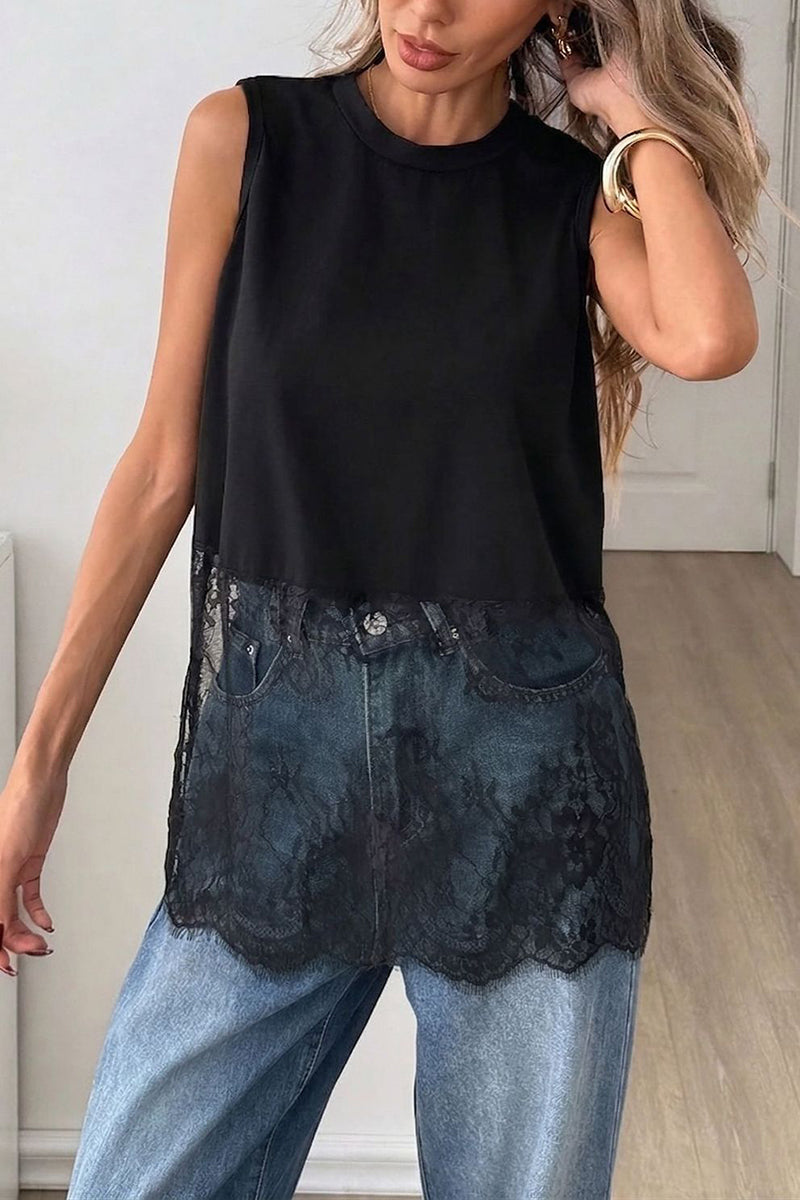 Sleeveless Lace Hem Tank Top