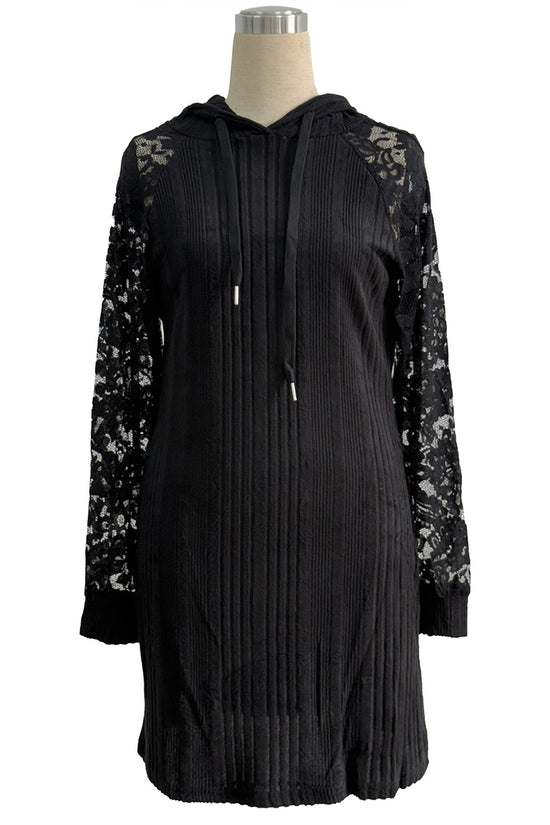 Lace Sleeve Hooded Casual Dress
