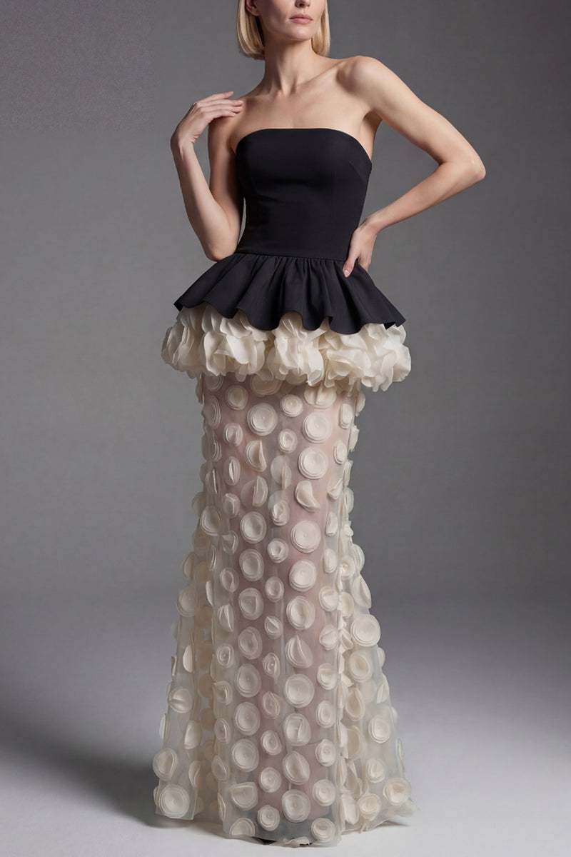 Strapless Peplum Polka Dot Evening Gown