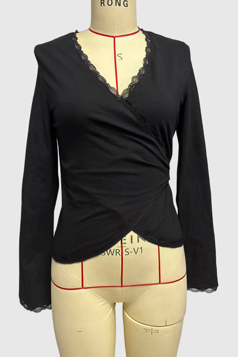 Elegant Wrap Lace Trim Blouse