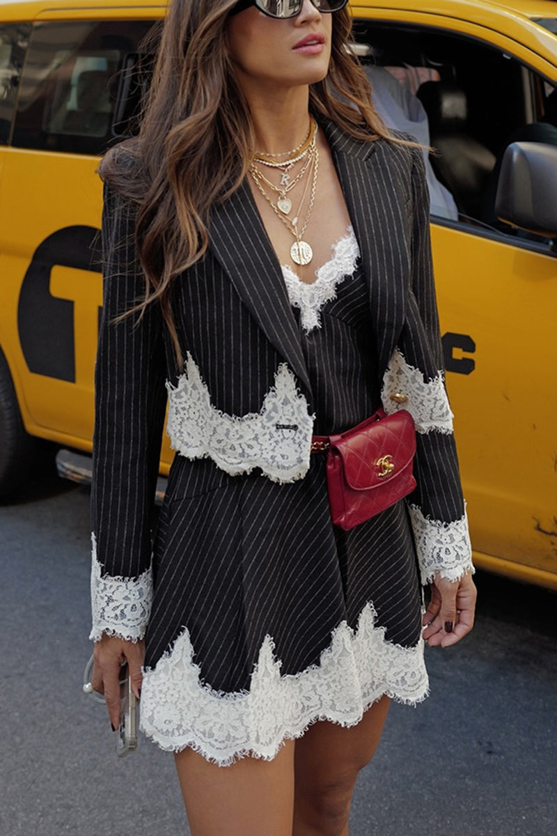 Chic Pinstripe Lace Detail Blazer