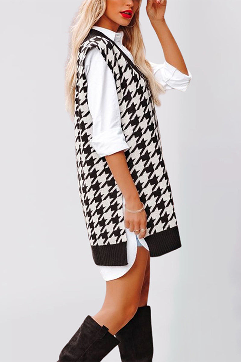 Houndstooth Sweater Vest with Deep V-Neck
